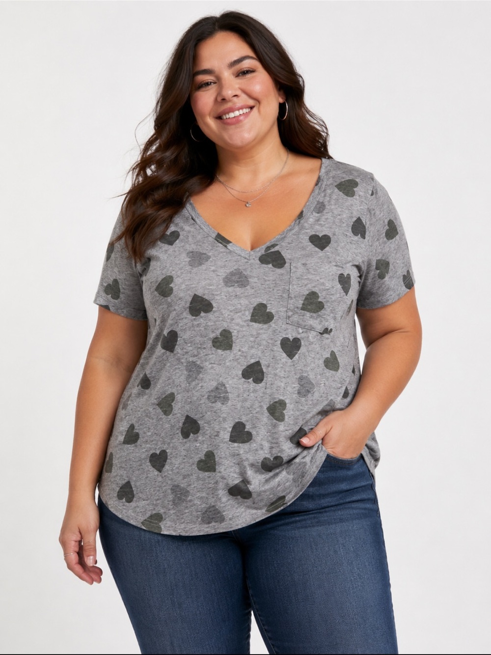 TORRID POCKET TEE HEARTS HEATHER GREY TOP